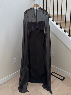 Elegant Black Maxi Dress with Sheer Cape